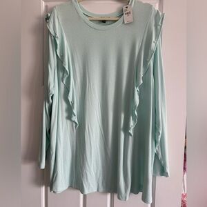 Women’s plus size 26W/28W lightweight pale aqua sweater. Cute pearl detail.